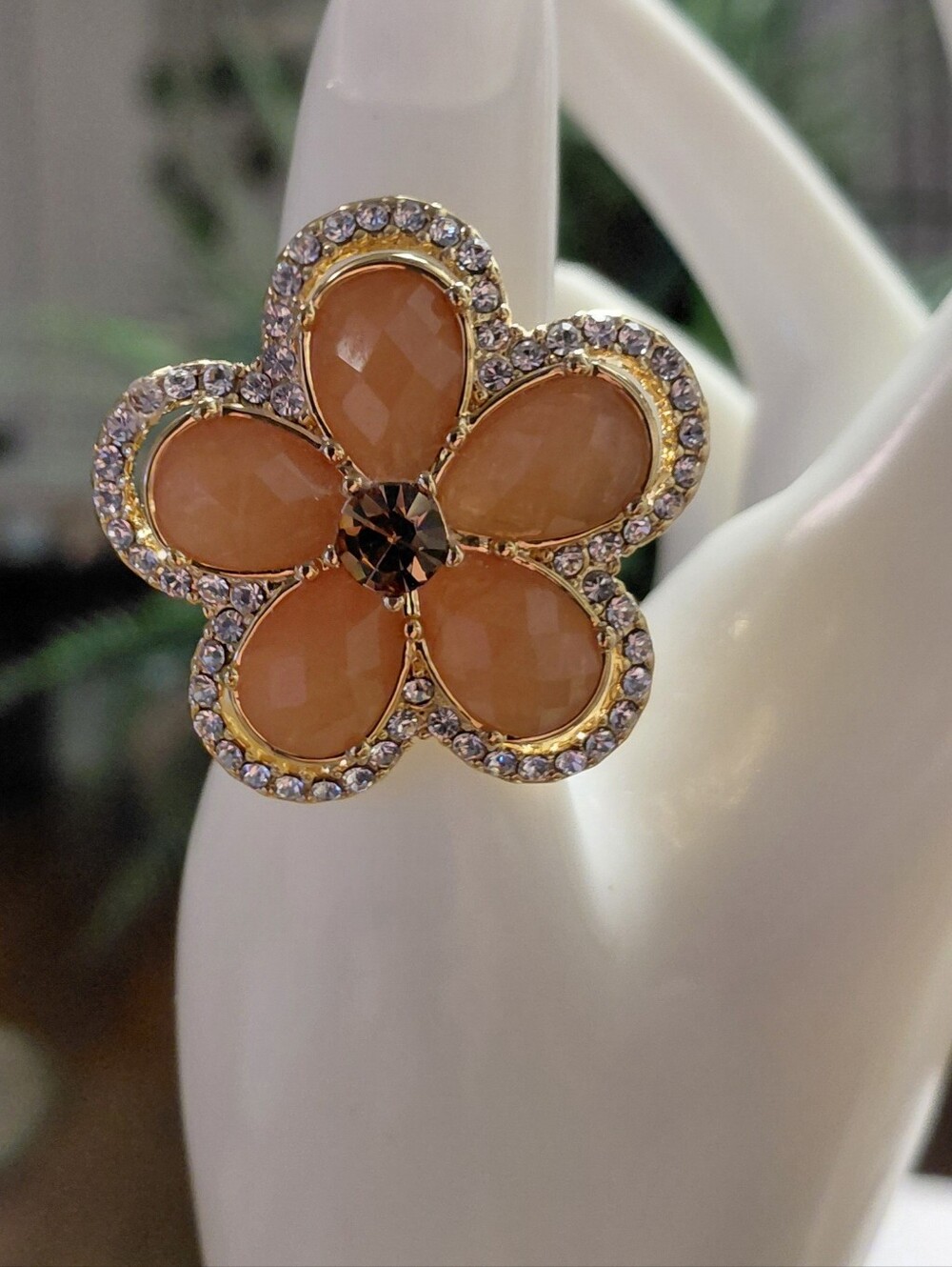 Joan Rivers Peach Cocktail Ring Pave Set Clear Crystals Size 7